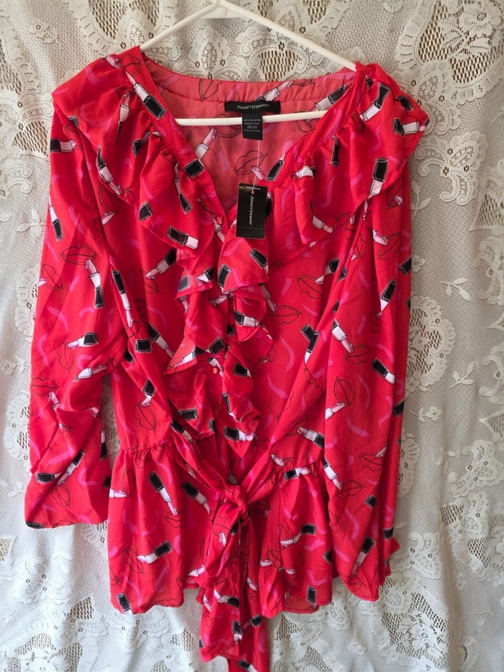 Ashley Stewart Hot Pink Lipstick-Print Ruffle Tie Blouse